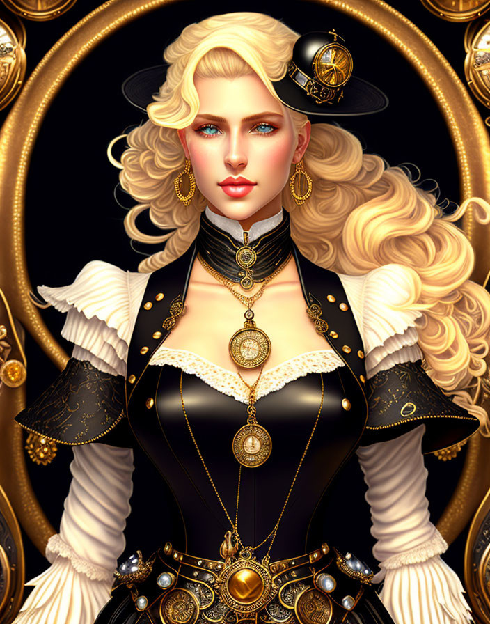 Illustrated woman in black and gold costume with glowing blue eyes on golden backdrop