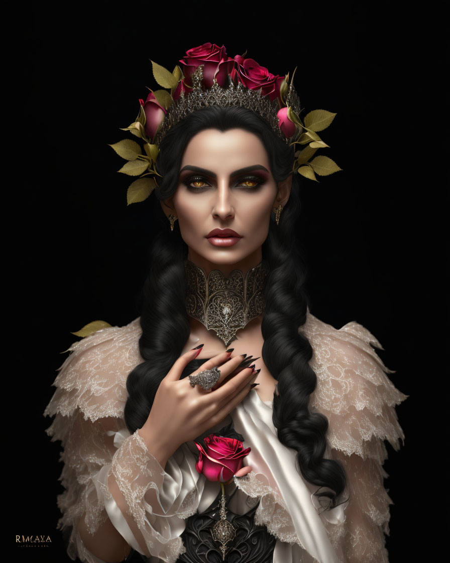 Woman in elaborate attire with rose crown holding a rose on black background