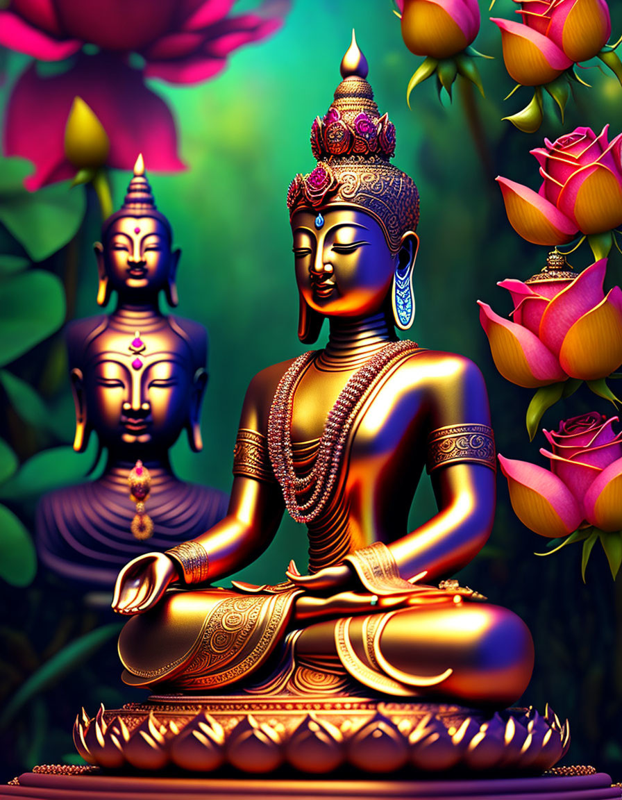 Vibrant Buddha statues in meditation with lotus flowers on green background