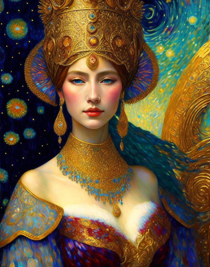 Opulent digital art portrait of a woman with gold headgear and Van Gogh-inspired background