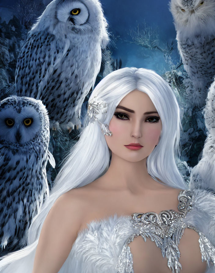 Digital Art: Woman with White Hair and Owls in Ornate Dress on Dark Blue Background