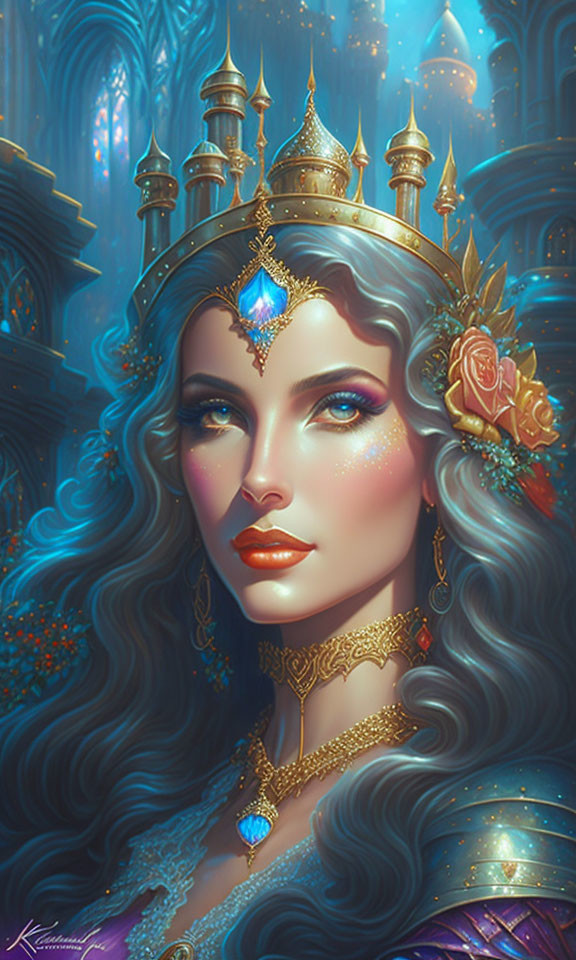 Illustrated queen with blue hair and golden crown in enchanted forest