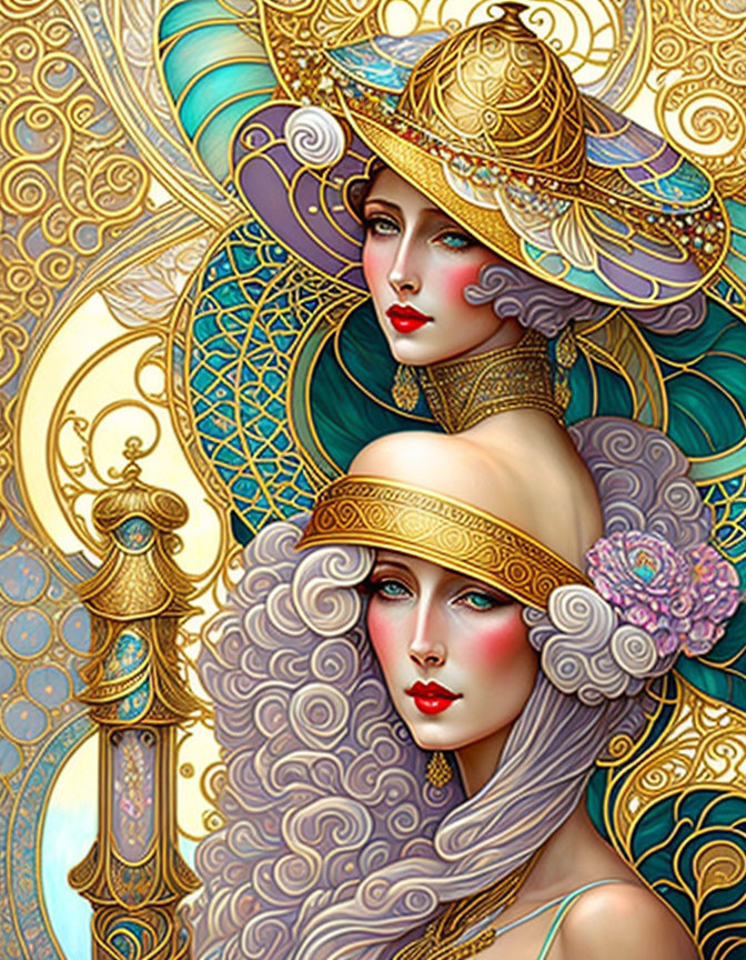 Two women with elaborate hairstyles and hats in gold and blue Art Nouveau design