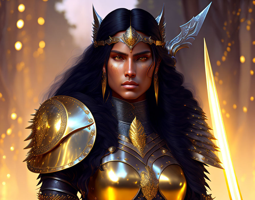 Fantasy warrior woman with black hair, golden armor, and glowing sword