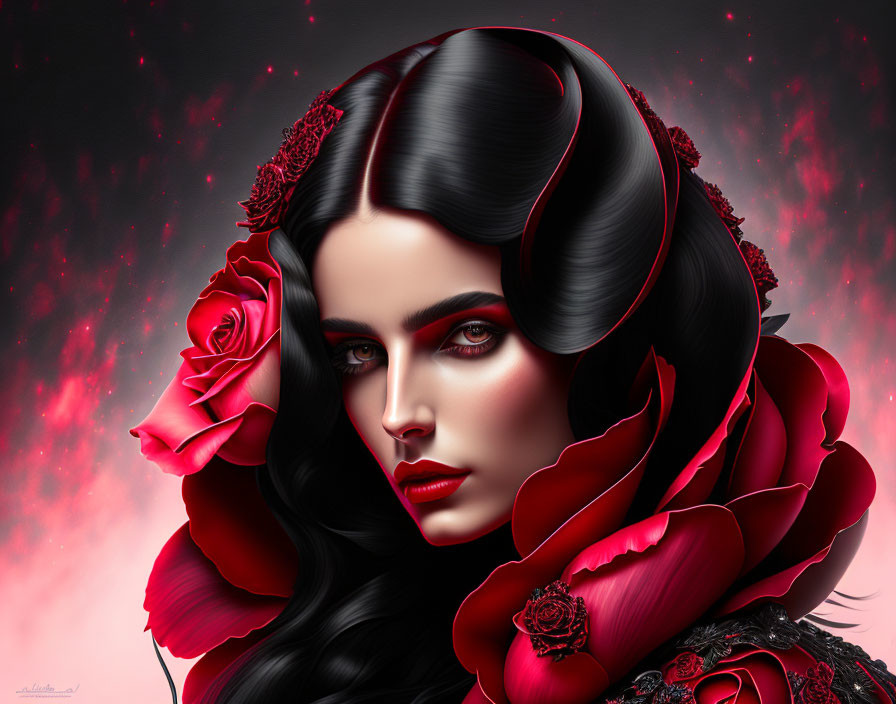 Portrait of Woman with Dark Hair and Fair Skin Surrounded by Red Roses on Crimson Background