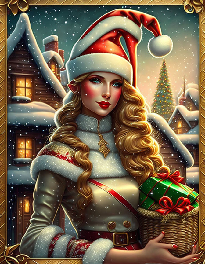 Blond woman in Santa hat with gift in wintry Christmas scene