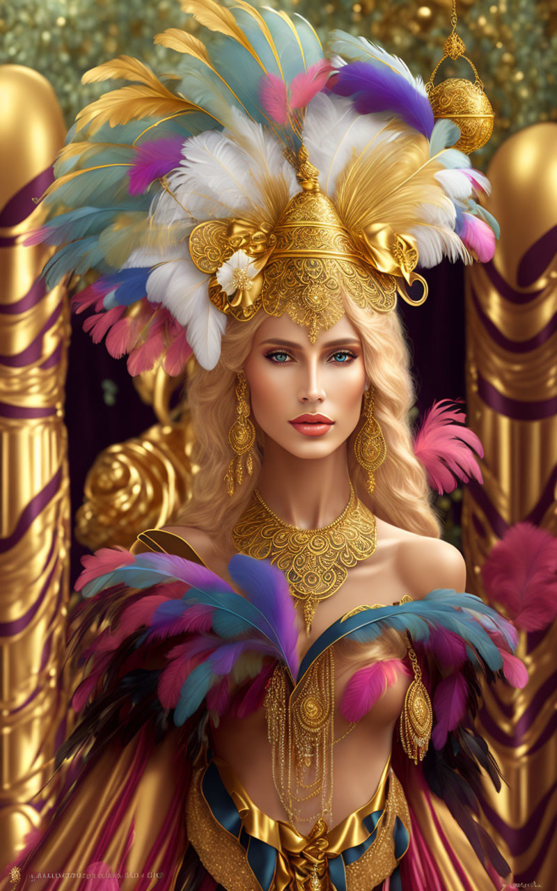 Elaborate Costume with Feather Headdress and Gold Adornments