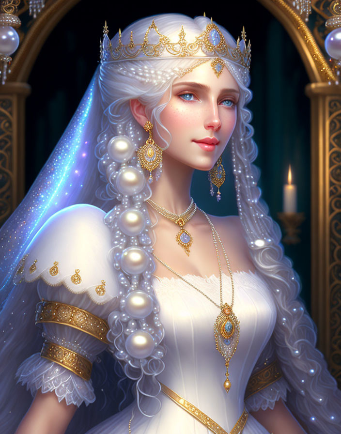 Regal woman in elegant attire with crown and jewelry on candlelit background