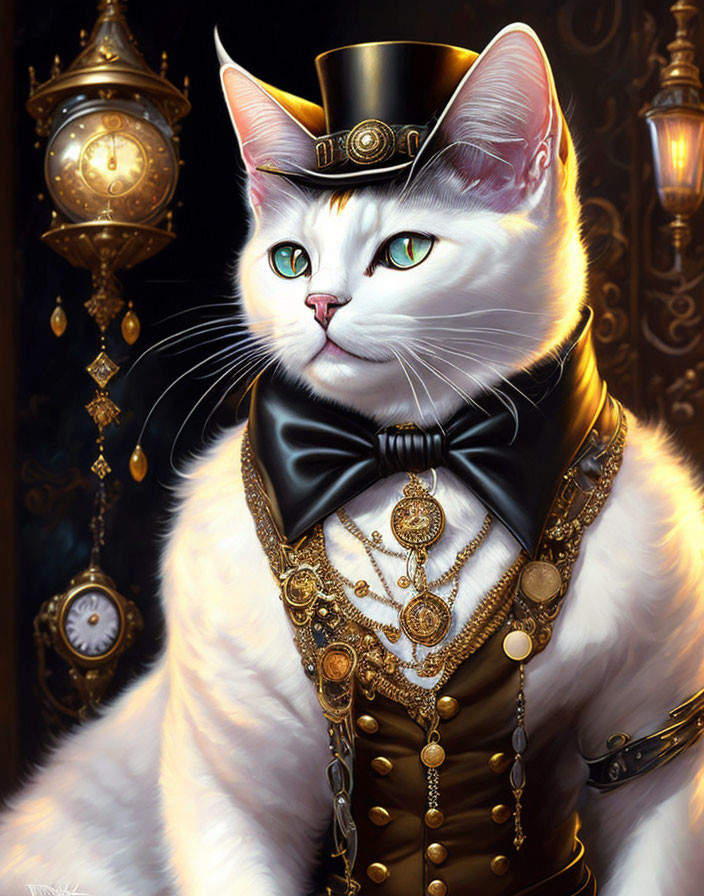 White Cat in Steampunk Attire with Hat and Gold Accessories