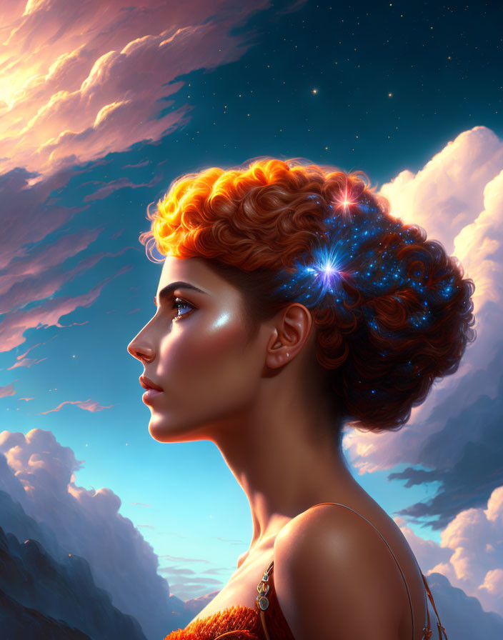 Digital artwork featuring woman with cosmic hair and clouds above