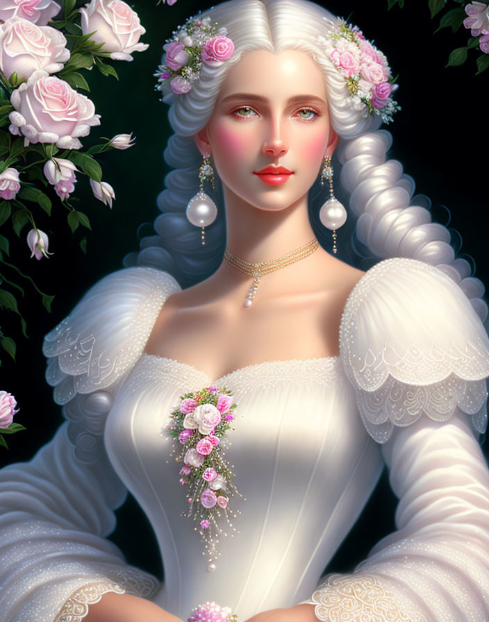 Digital portrait: Woman with pale skin, grey eyes, white off-the-shoulder gown, lace