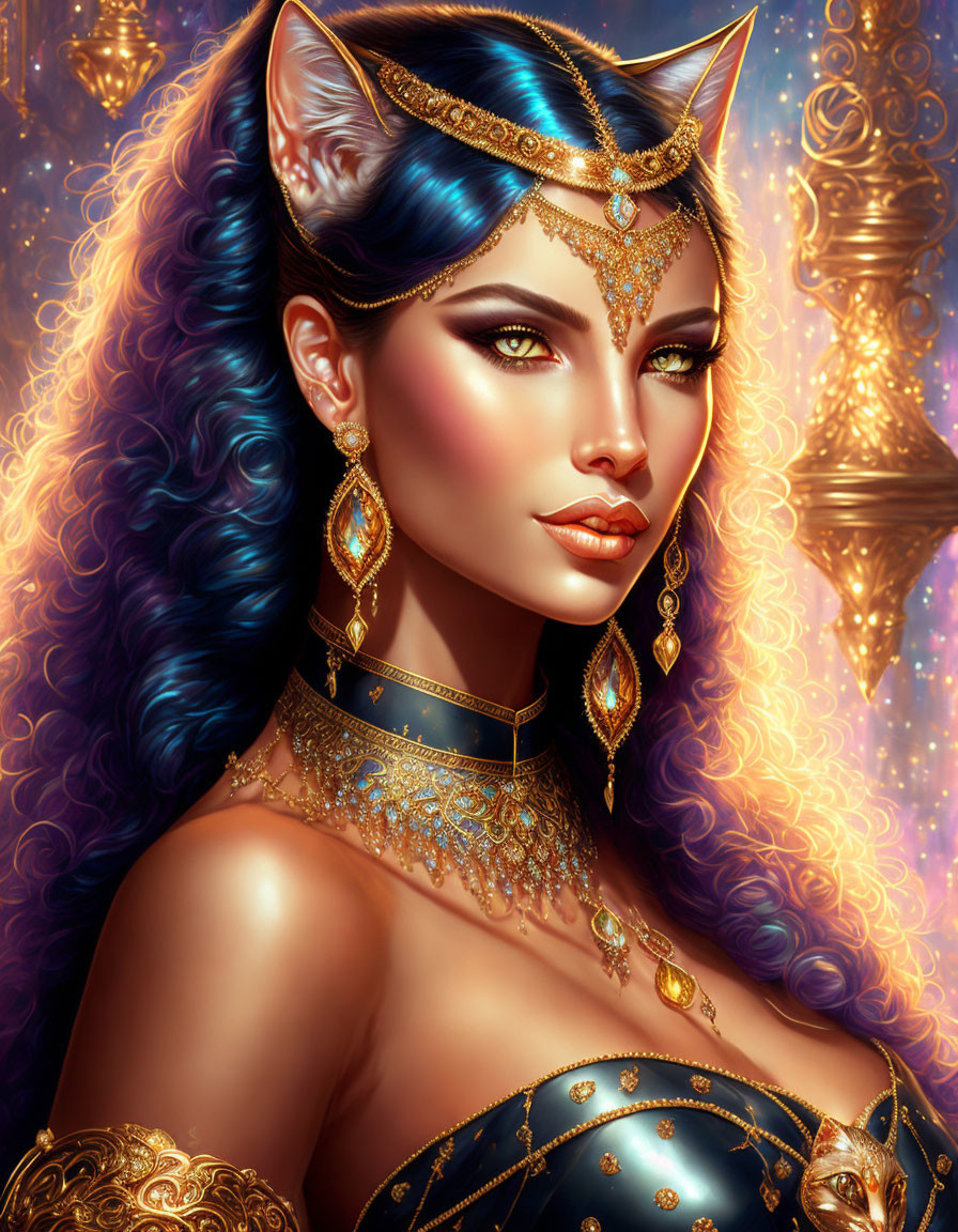 Fantasy Artwork: Woman with Feline Features, Blue and Purple Hair, Golden Jewelry