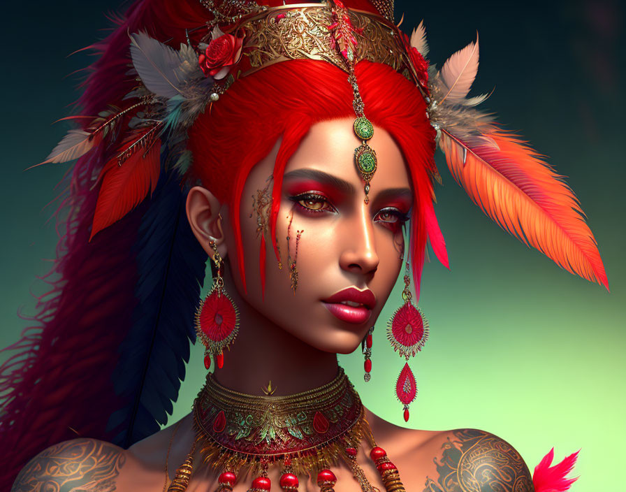 Digital portrait of woman with red hair, feathers, golden jewelry, and facial tattoos on gradient background