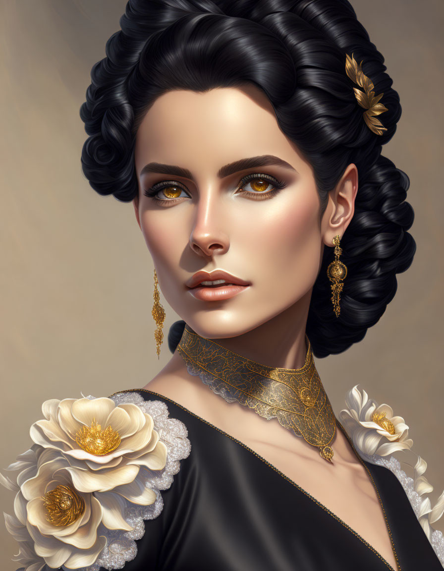 Ornate Hairstyle and Golden Jewelry on Elegant Woman in Black Dress