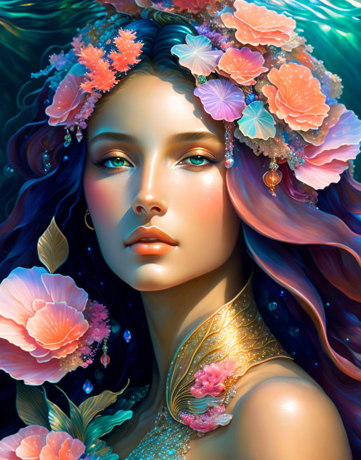 Colorful Woman Portrait with Floral Headpiece and Golden Accents