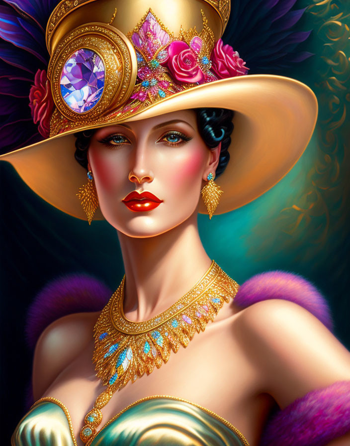 Illustrated woman with large hat, jewel, roses, feathers, necklace, and feather boa.