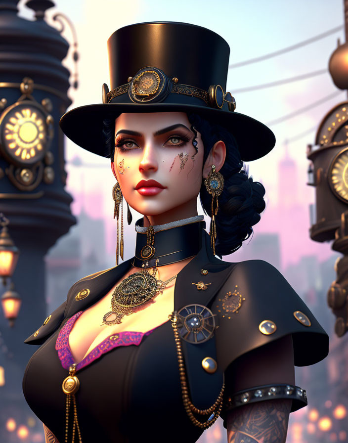 Steampunk-themed female character with golden gears and jewelry in front of clock towers