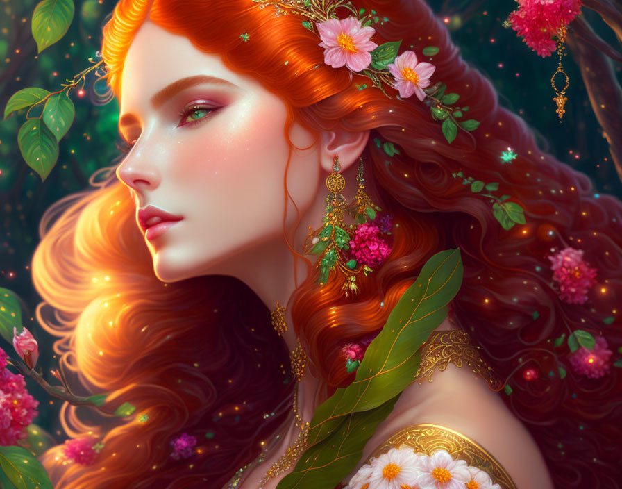 Woman with flowing red hair and floral adornments in lush greenery.