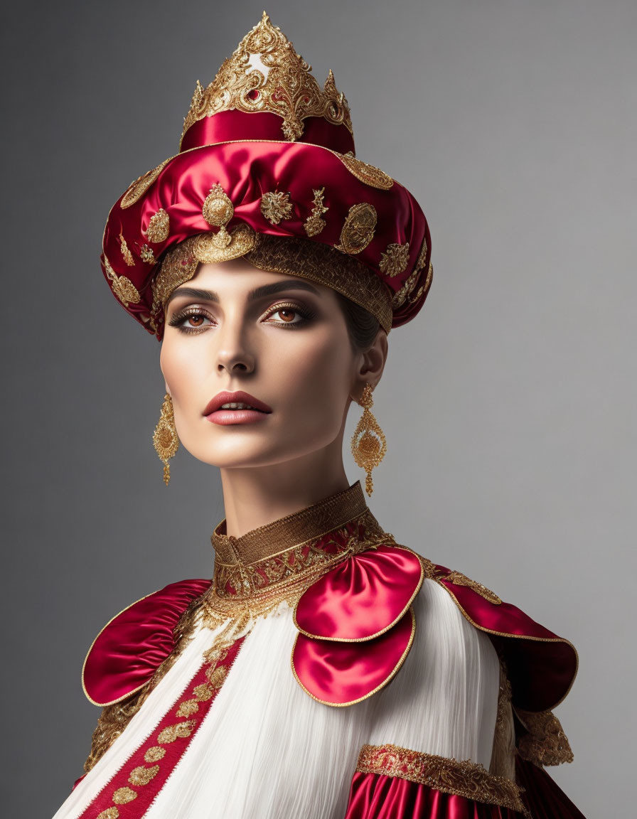 Luxurious Traditional Red and Gold Headdress and Outfit Portrait