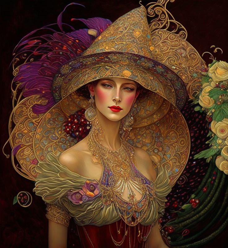 Intricate artwork of woman in decorative hat with gold jewelry