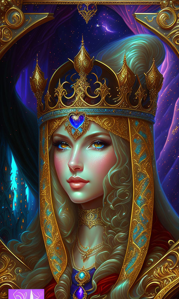 Regal woman with golden crown in cosmic setting