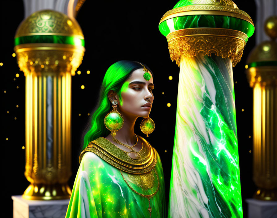 Ethereal woman in green and gold attire by marble pillars