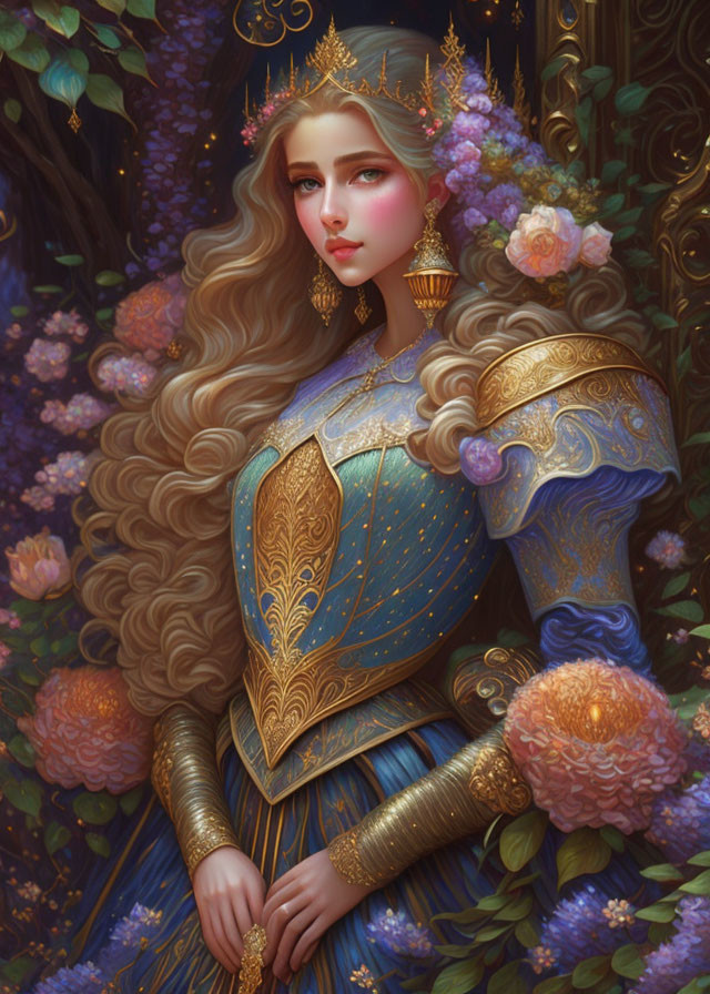 Regal woman in blue and gold armored gown with wavy hair surrounded by lush foliage