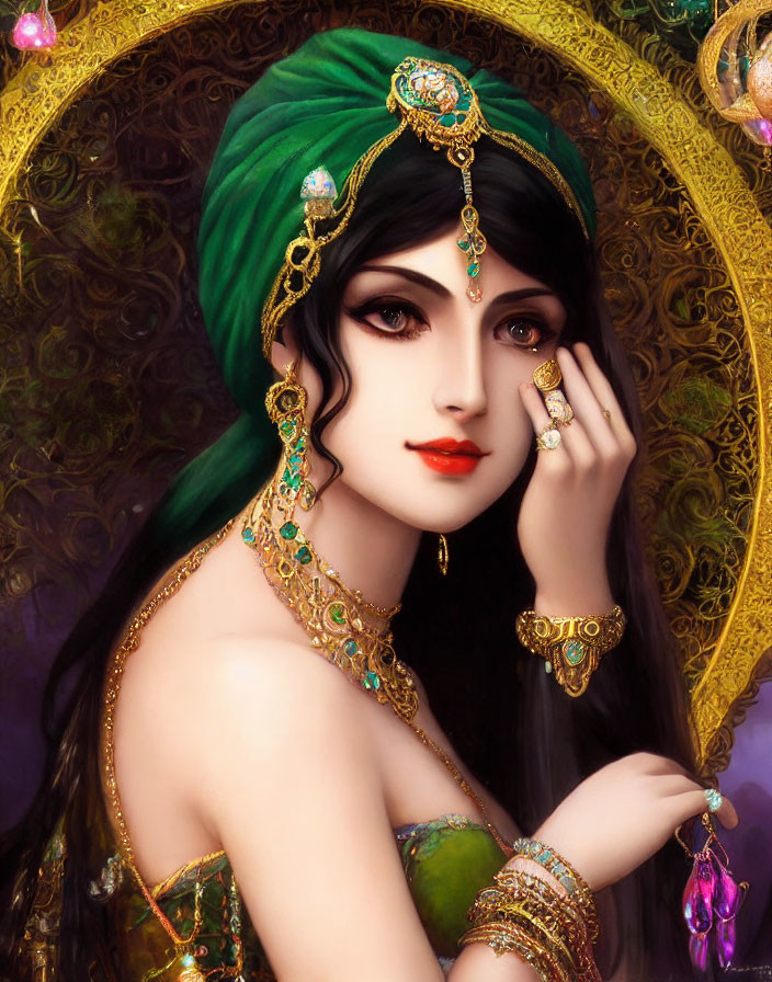 Illustration of woman in green headscarf with gold jewelry and ornate background