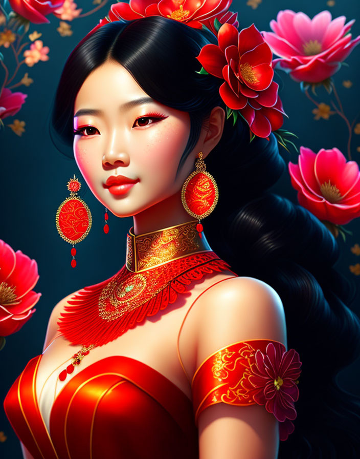 Digital artwork of woman in red traditional attire with floral motifs and gold jewelry among vibrant flowers