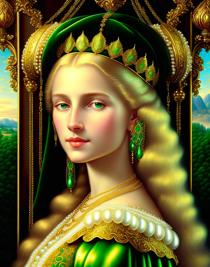 Blonde Woman in Green Medieval Dress with Crown and Earrings