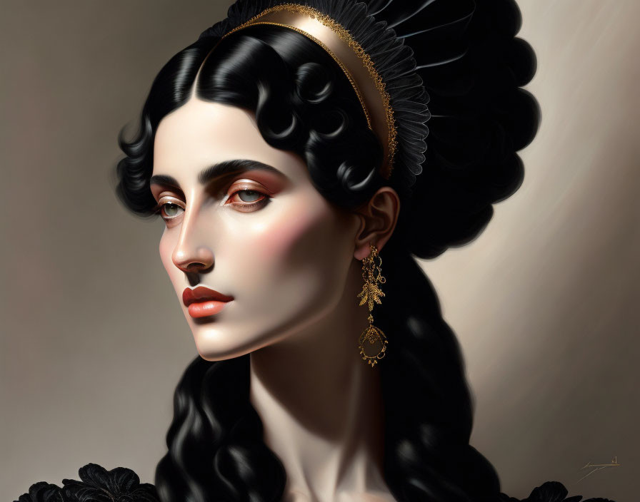 Portrait of Woman with Pale Skin and Dark Hair in Golden Headpiece