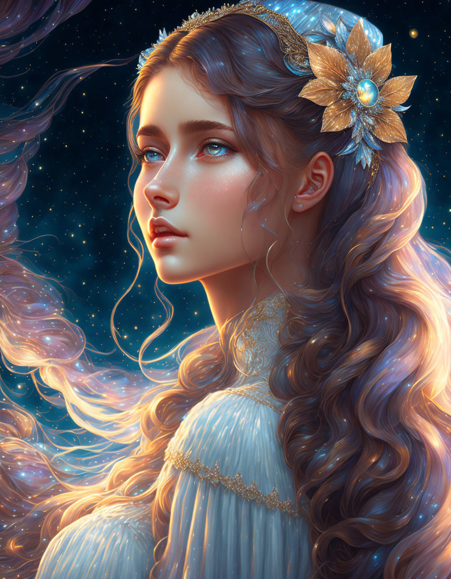 Portrait of young woman with wavy hair, floral accessory, and starry night background