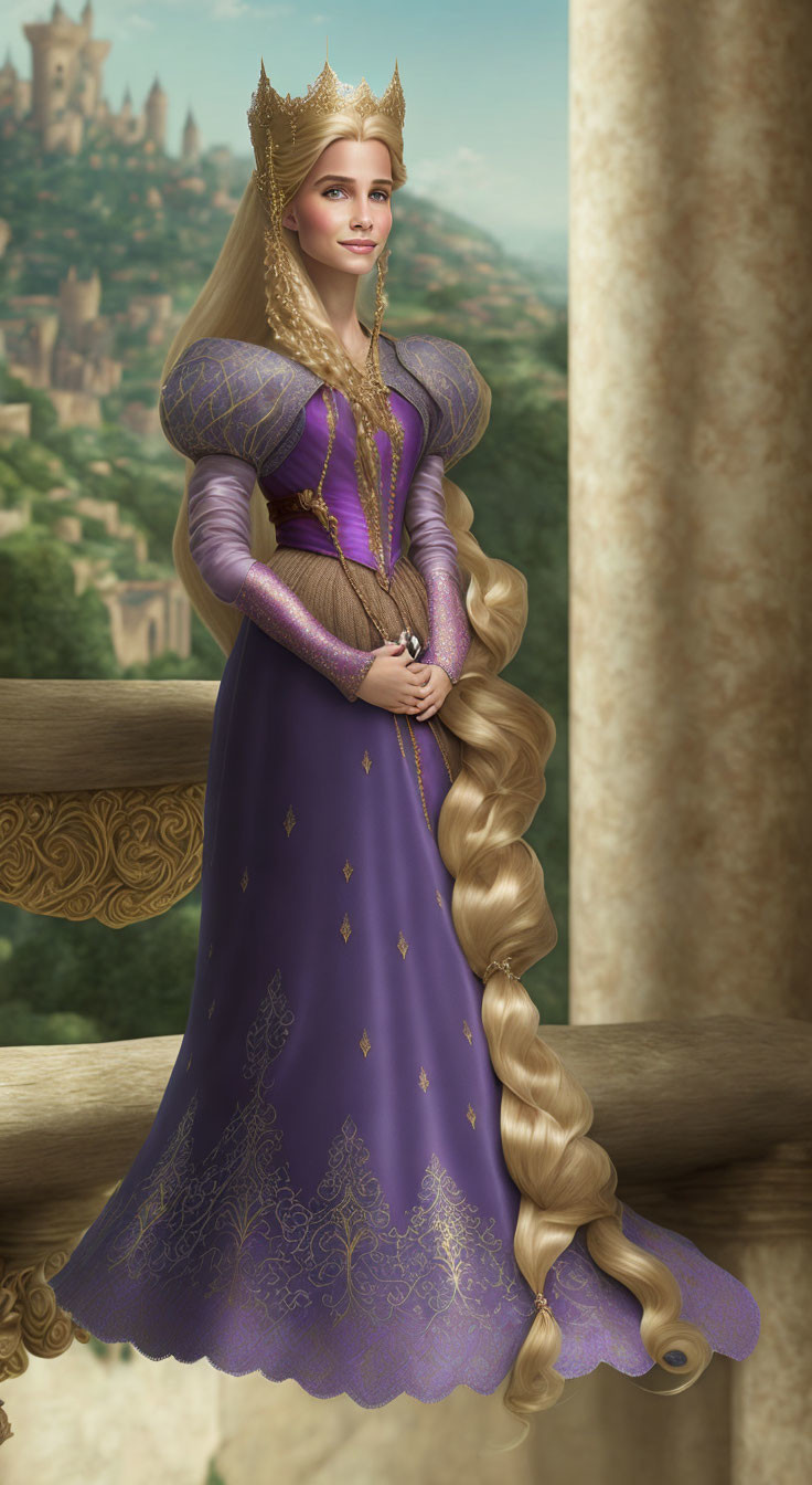 Blond Lady in Purple Medieval Dress with Crown and Castle Background