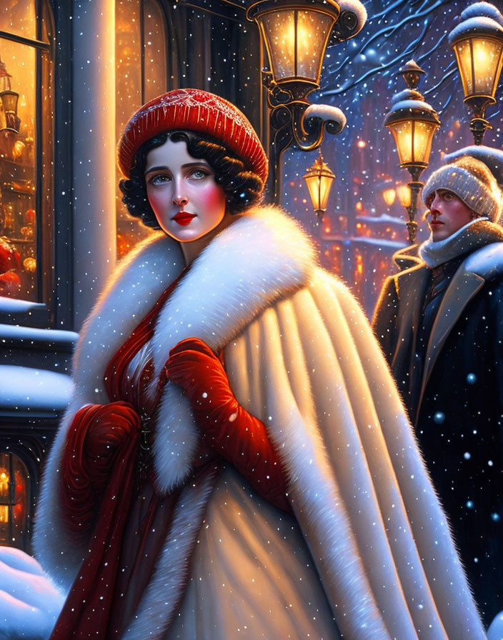 Woman in white fur coat and red dress in snow with man passing by under street lamps.