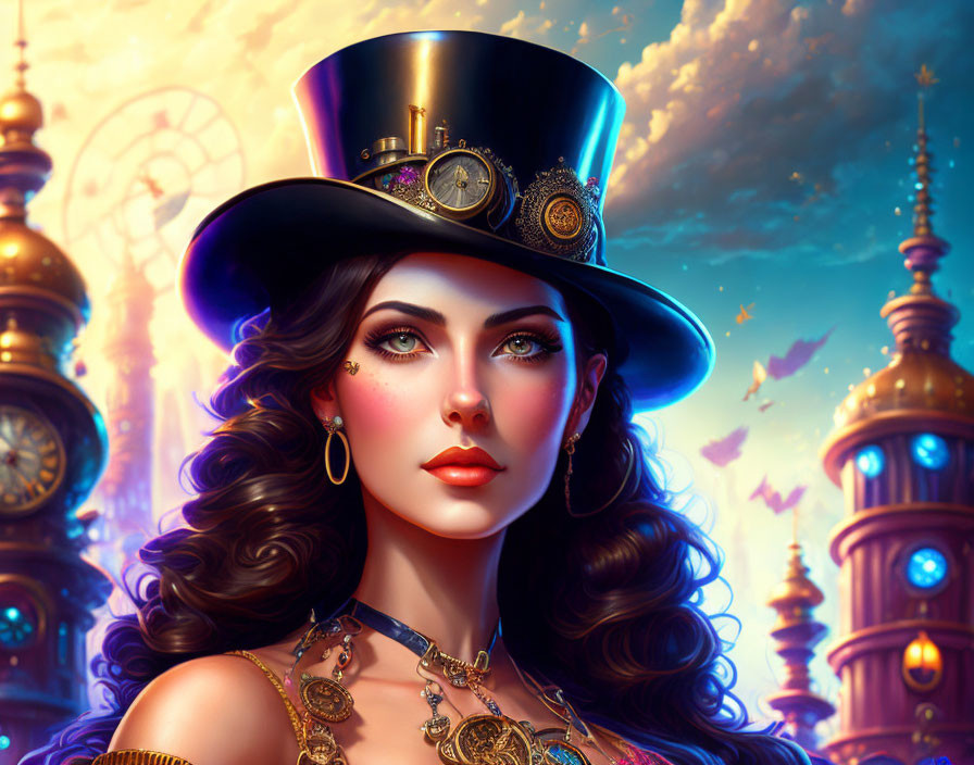 Steampunk-style digital art portrait of a woman with dark hair in top hat and goggles