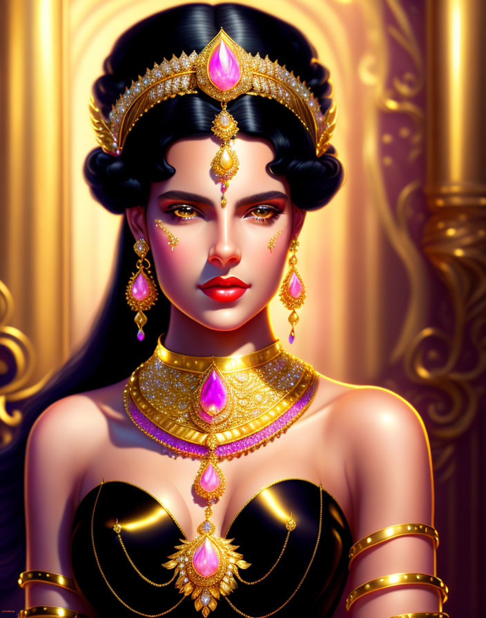 Illustrated portrait of woman with dark hair in gold and pink gemstone jewelry