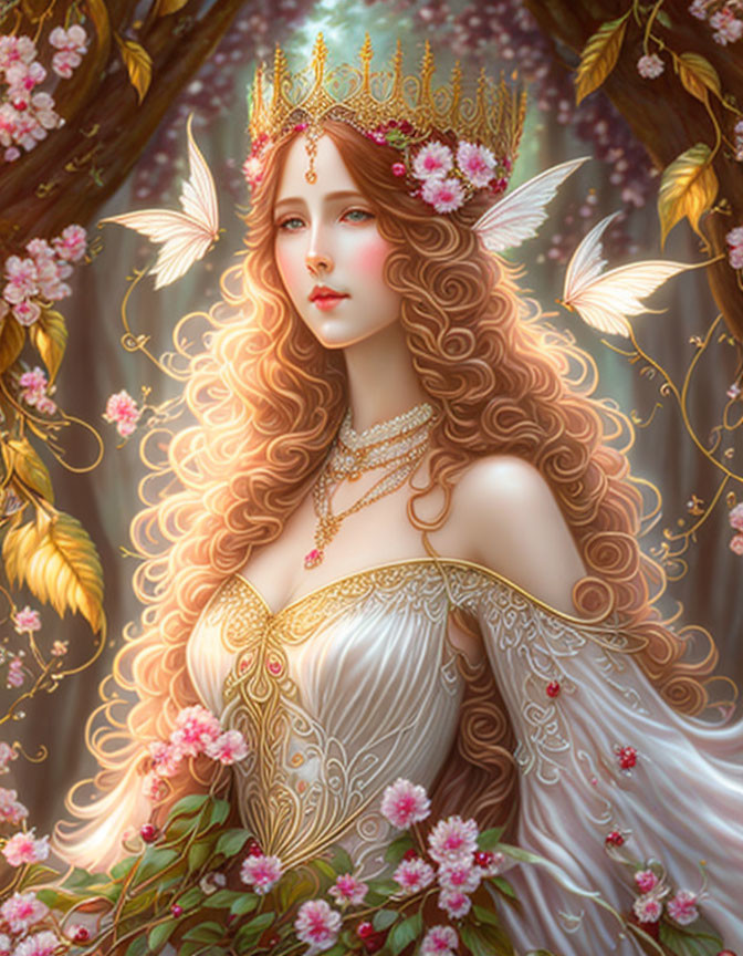 Regal woman with flowing hair, crown, dress, flowers, and butterflies