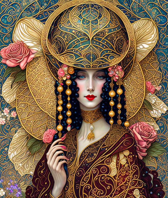 Detailed illustration of pale-skinned woman in golden hat with ornate jewelry and floral motifs