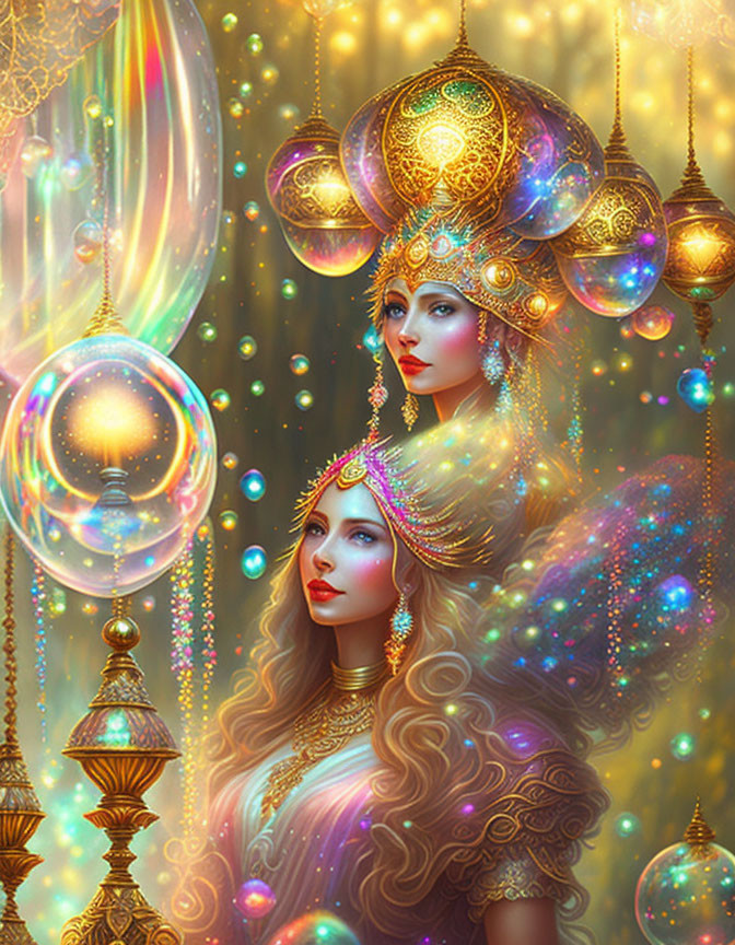 Ethereal women with golden headpieces in magical setting