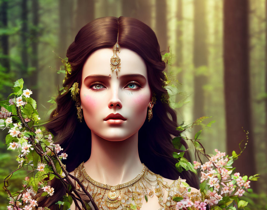 Portrait of woman with green eyes, gold jewelry, and floral details in forest scene