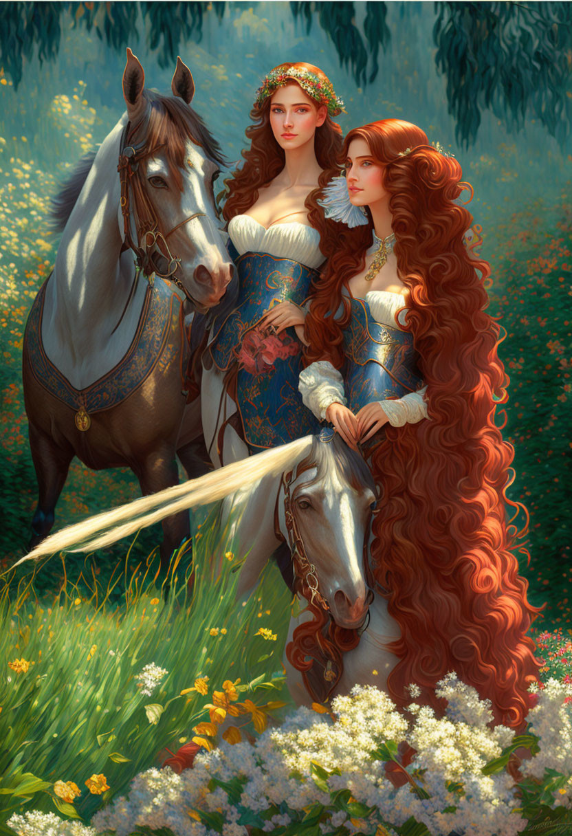 Medieval women in gowns with horses in forest clearing