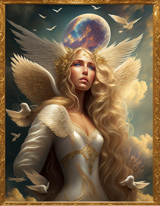 Golden-winged angel in regal attire with doves and celestial orb.