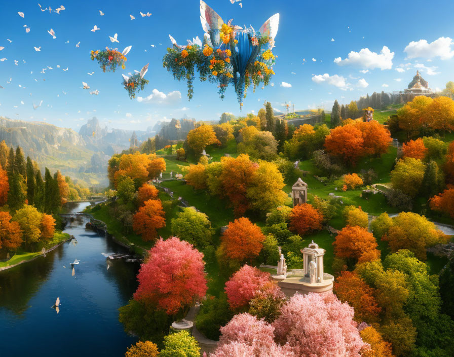 Colorful Autumnal Trees & Floating Islands in Serene Fantasy Landscape