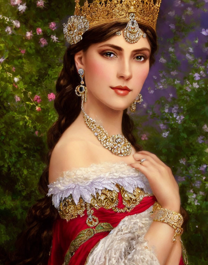 Regal woman in red dress with crown and jewelry against purple flower backdrop