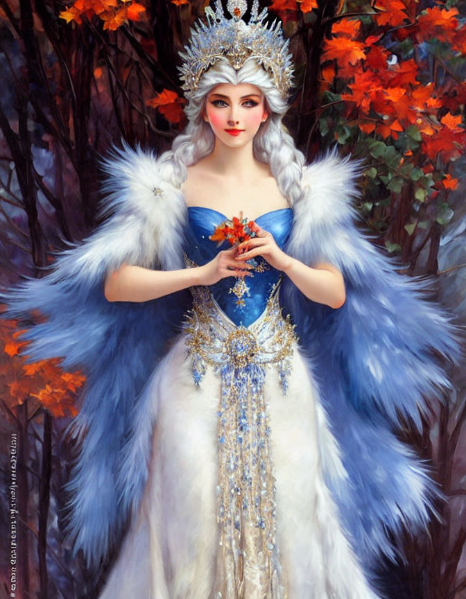 Woman in Blue and White Gown with Fur Cape and Crown Surrounded by Autumn Leaves