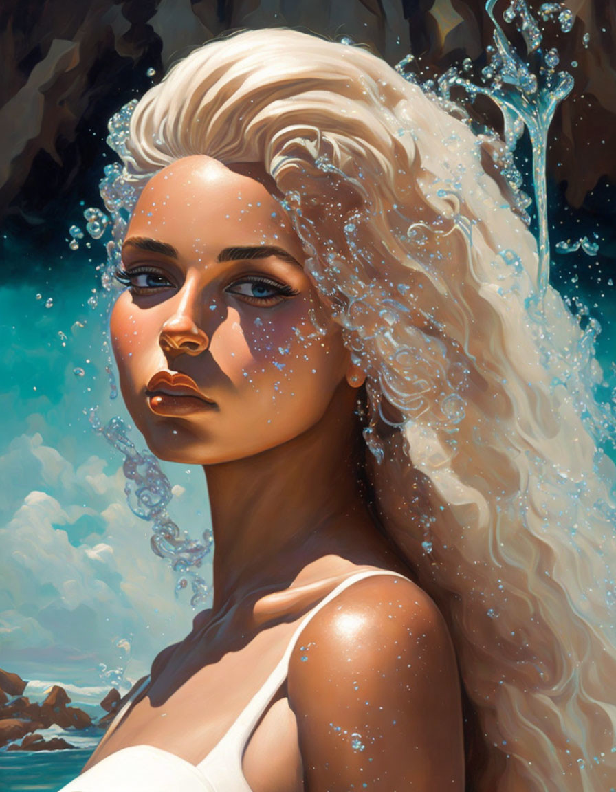 Woman with White Hair and Water Elements on Beach Backdrop