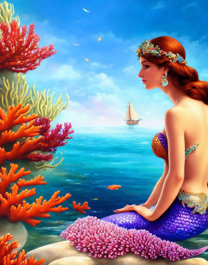 Mermaid with Purple Tail and Ornate Headpiece on Rock by Colorful Sea