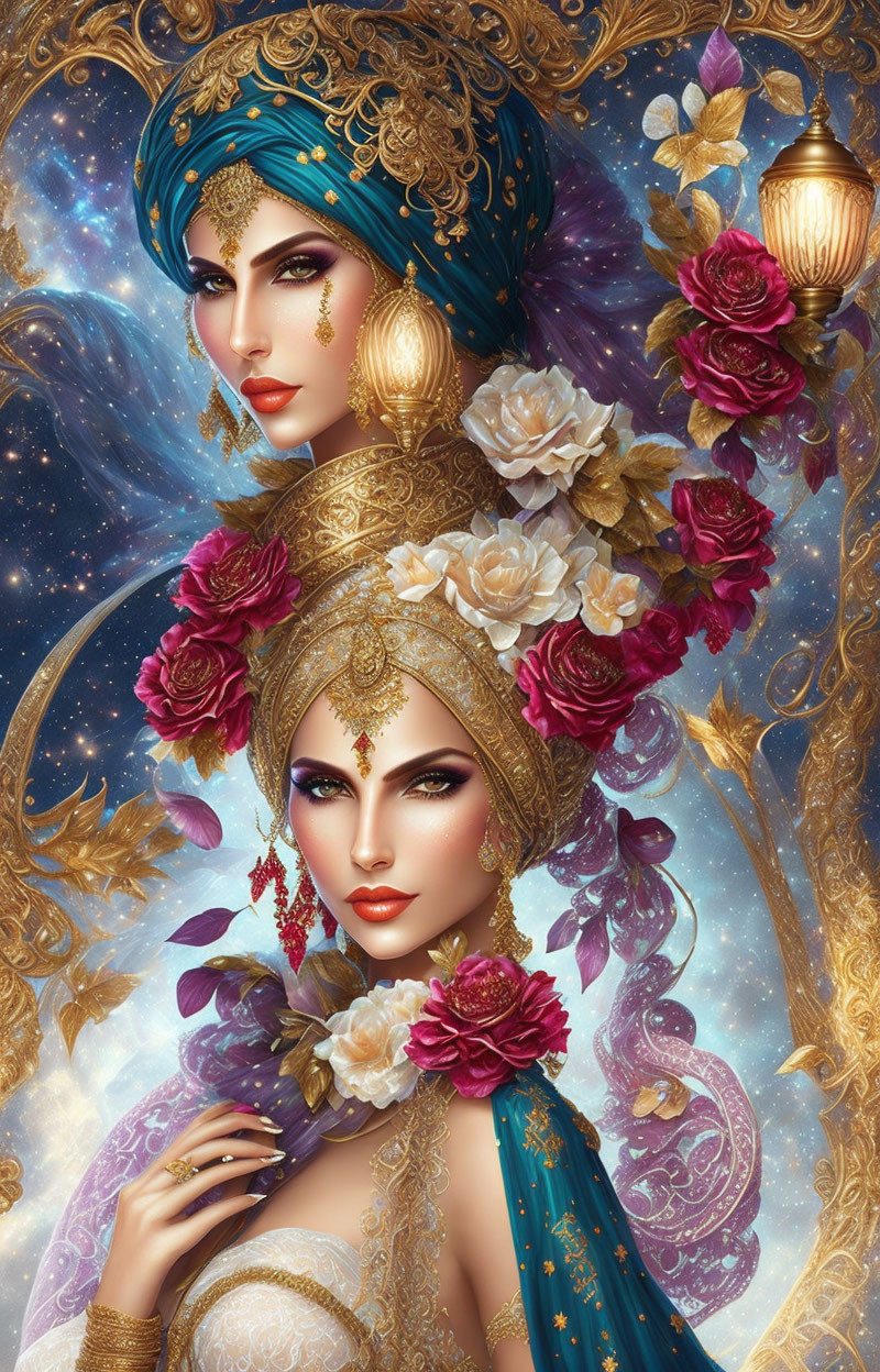 Detailed illustration of two women in ornate gold jewelry and vibrant attire against a starry backdrop