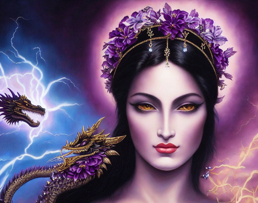 Illustration of woman with purple floral crown and dragons in lightning backdrop