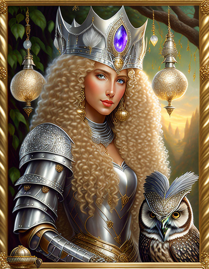 Regal knight in shining armor with crown and owl in golden lantern setting